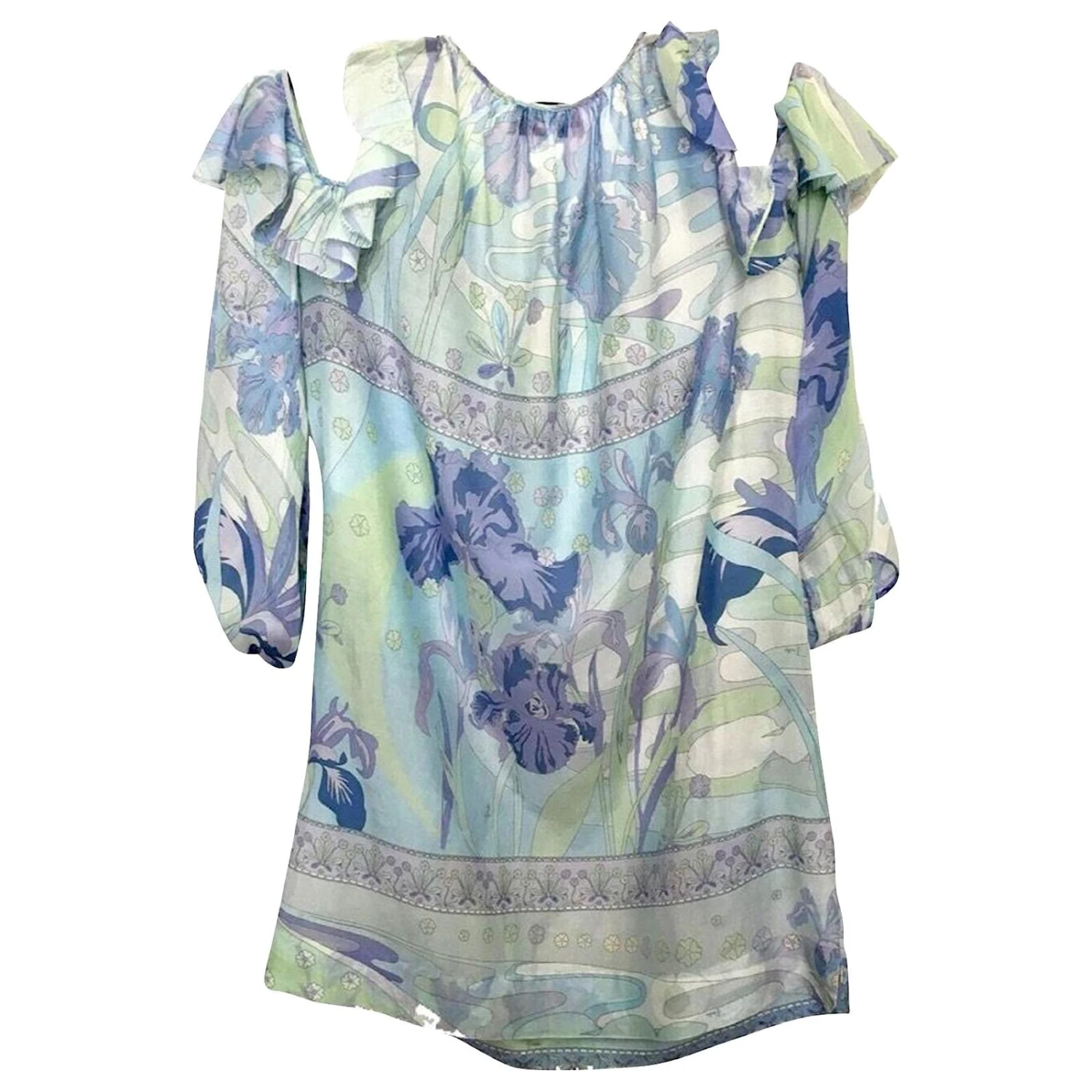 Robe D'été Emilio Pucci En Soie Imprimé Iris Bleu & Vert Avec Poches – Image 2