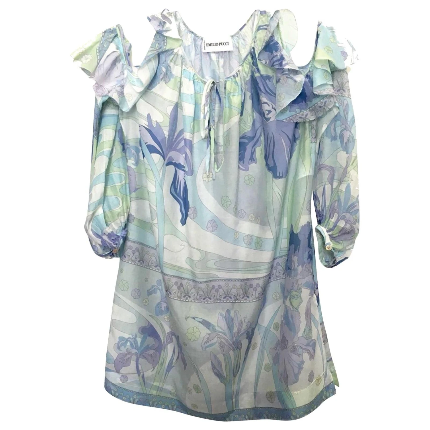 Robe D'été Emilio Pucci En Soie Imprimé Iris Bleu & Vert Avec Poches – Image 4