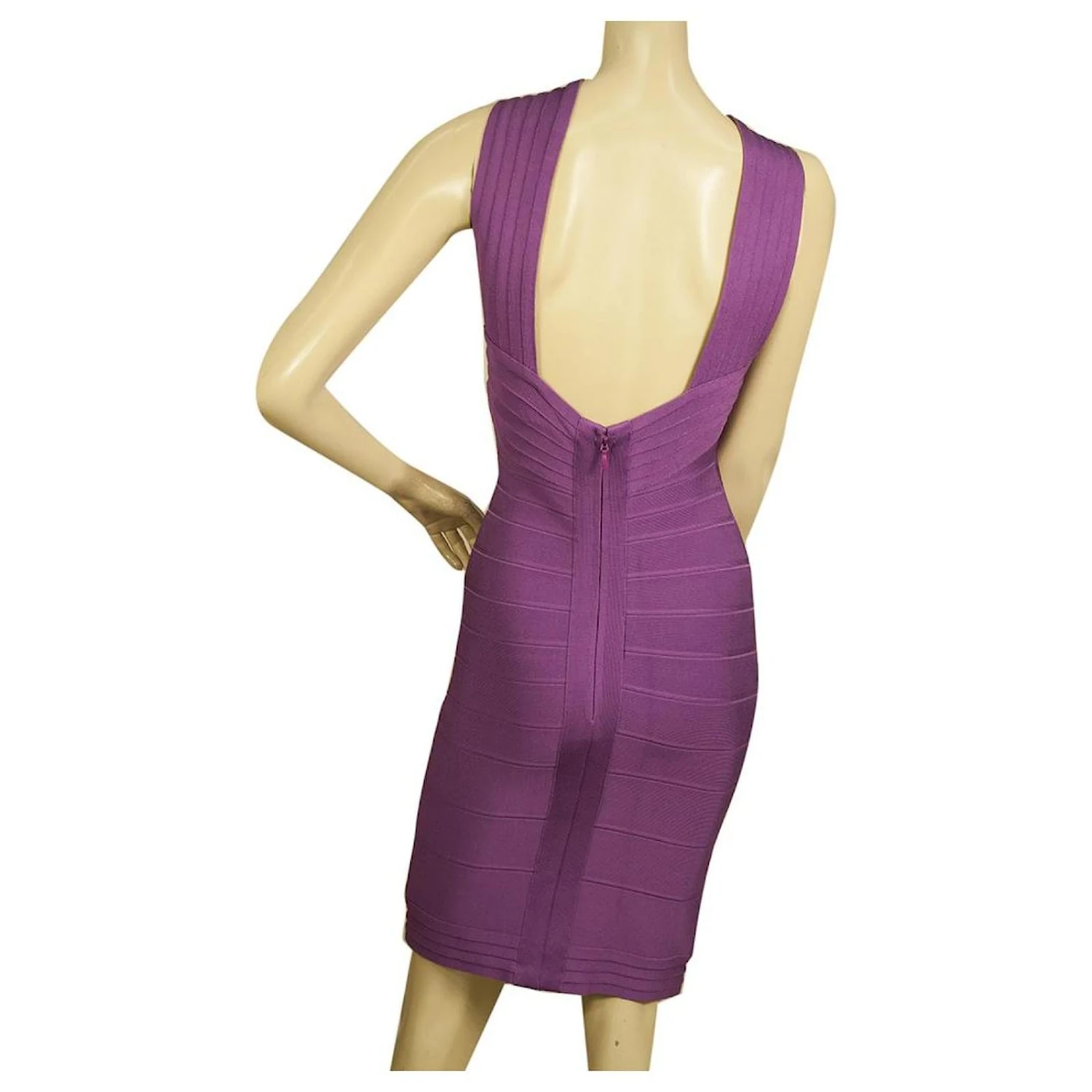 Herve Leger Purple Bandage Bodycon Sans Manches Mini Longueur Robe Taille M Violet – Image 2