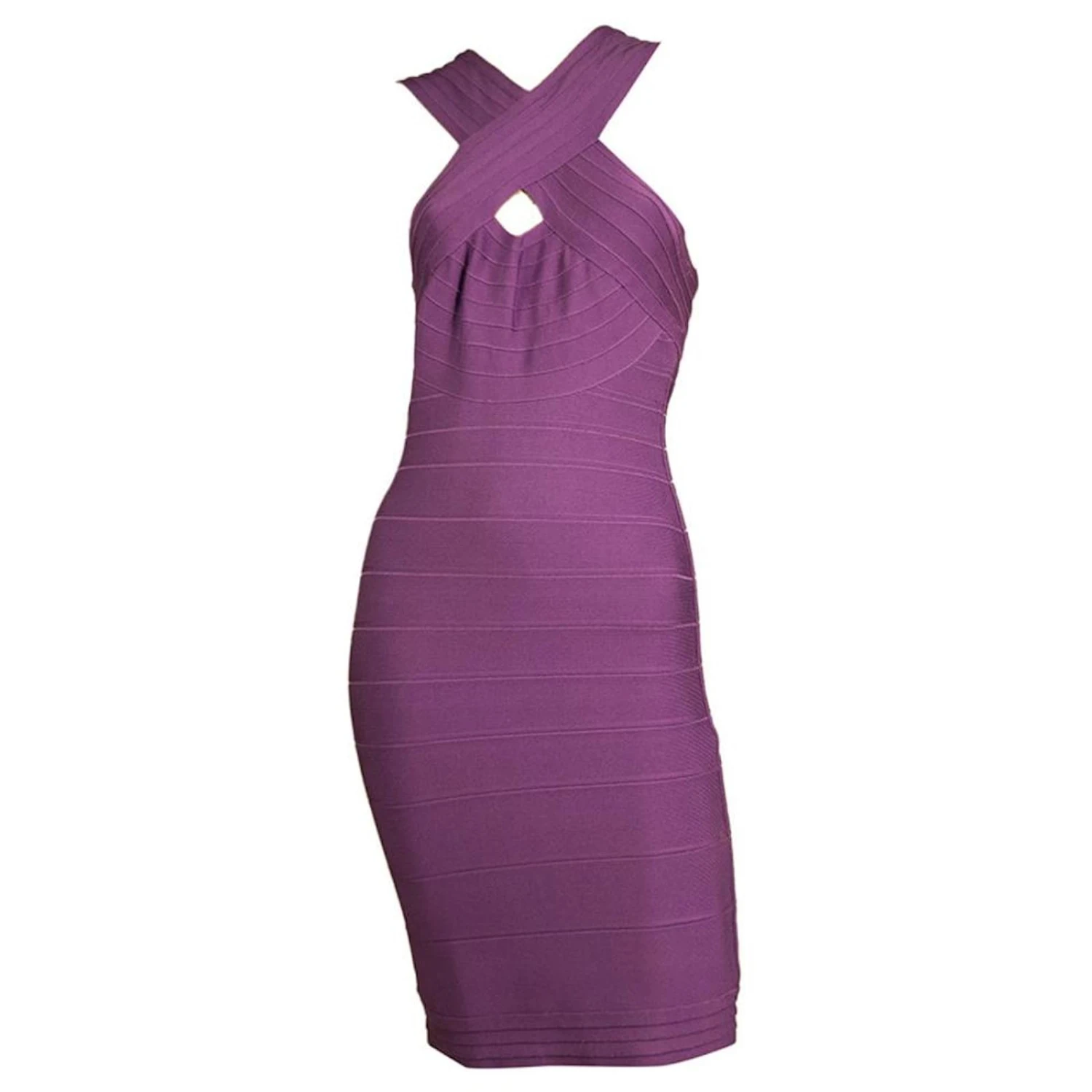 Herve Leger Purple Bandage Bodycon Sans Manches Mini Longueur Robe Taille M Violet – Image 6