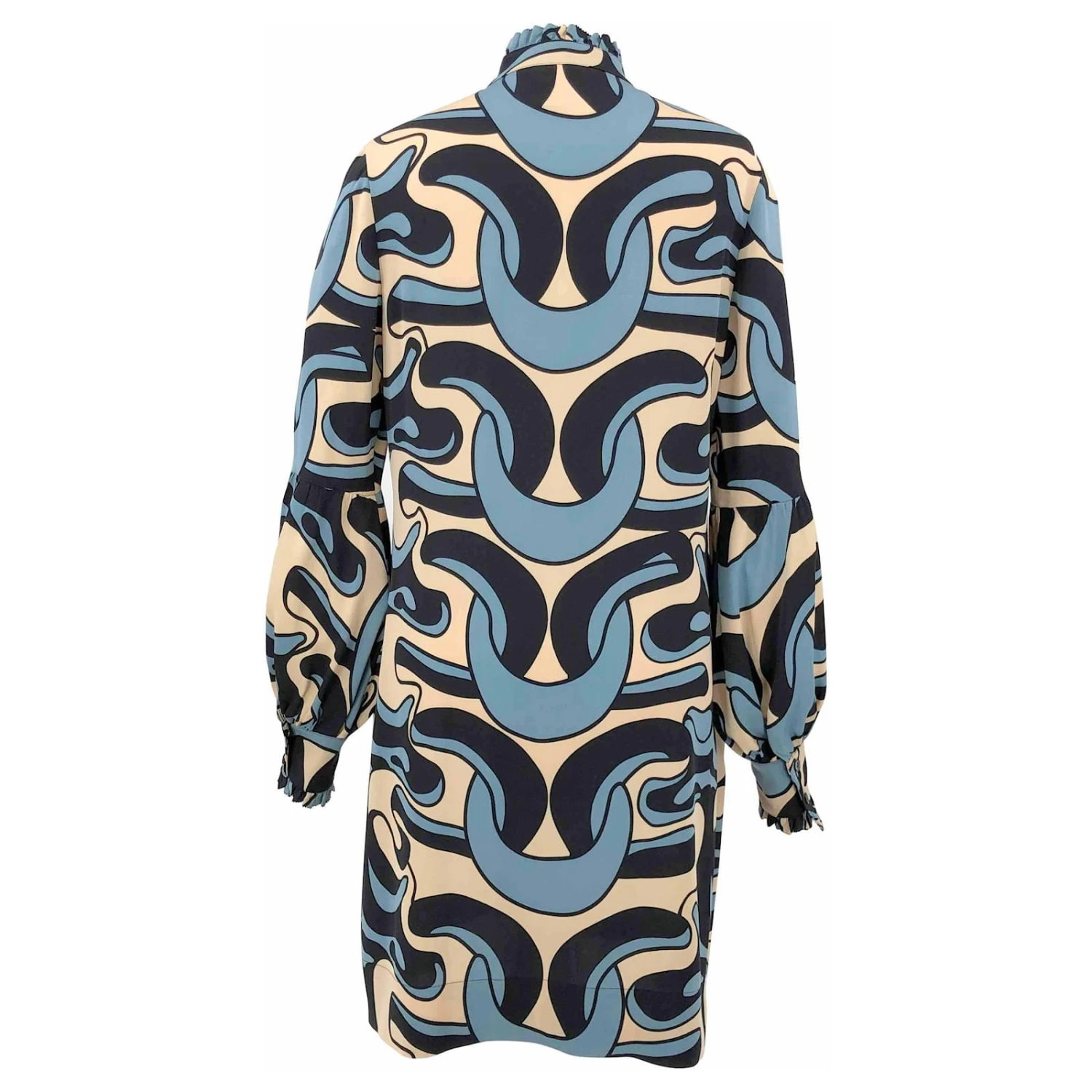 Diane Von Furstenberg Robe DVF En Bleu, Imprimé Tourbillon Noir Et Crème Sur Soie Multicolore – Image 2