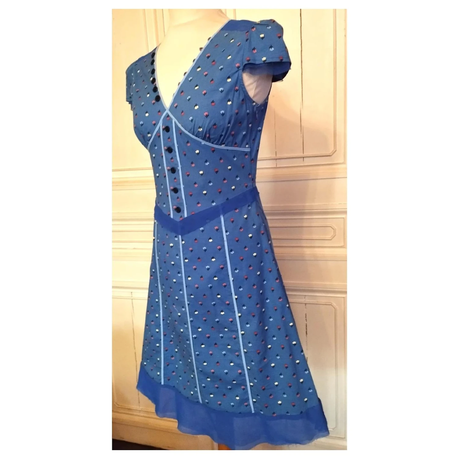 MARC JACOBS ROBE DRESS PRINTANIERE BRANDEBOURGS VOLANTS TULLE T UK 6 OU 36/38 Bleu – Image 10