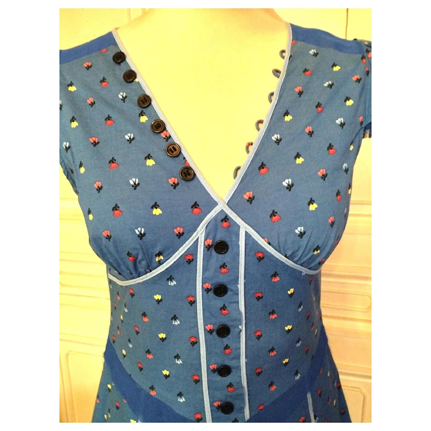 MARC JACOBS ROBE DRESS PRINTANIERE BRANDEBOURGS VOLANTS TULLE T UK 6 OU 36/38 Bleu – Image 4