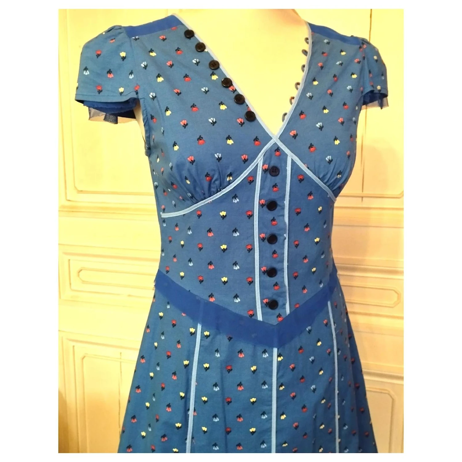 MARC JACOBS ROBE DRESS PRINTANIERE BRANDEBOURGS VOLANTS TULLE T UK 6 OU 36/38 Bleu – Image 7