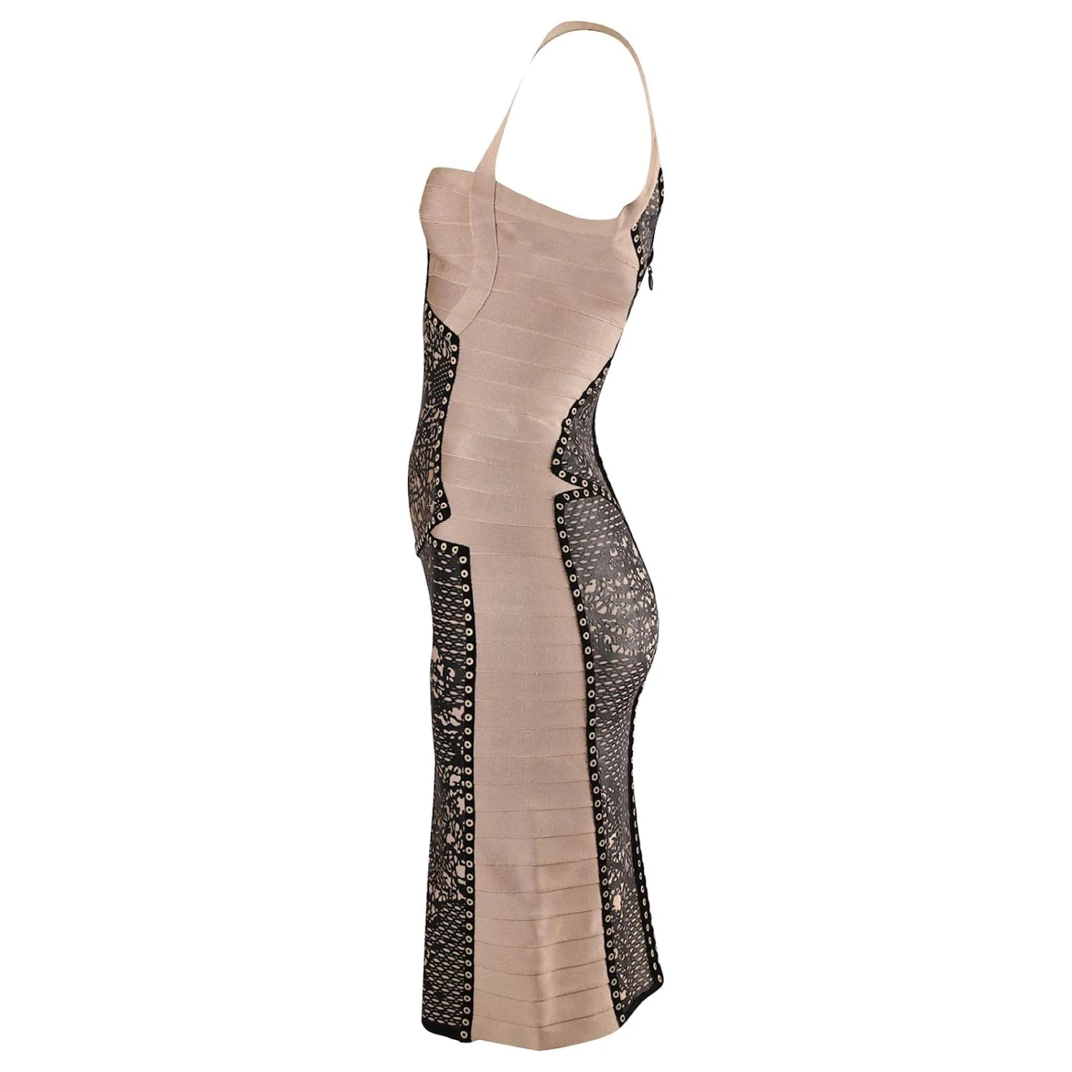 Herve Leger Bandage Laser Cut Robe Moulante Détaillée En Rayonne Imprimé Beige Clair – Image 2