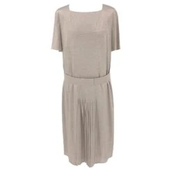 Robe De Jour Akris En Soie Tissée Beige Avec Slip Et Ceinture Blanc Écru