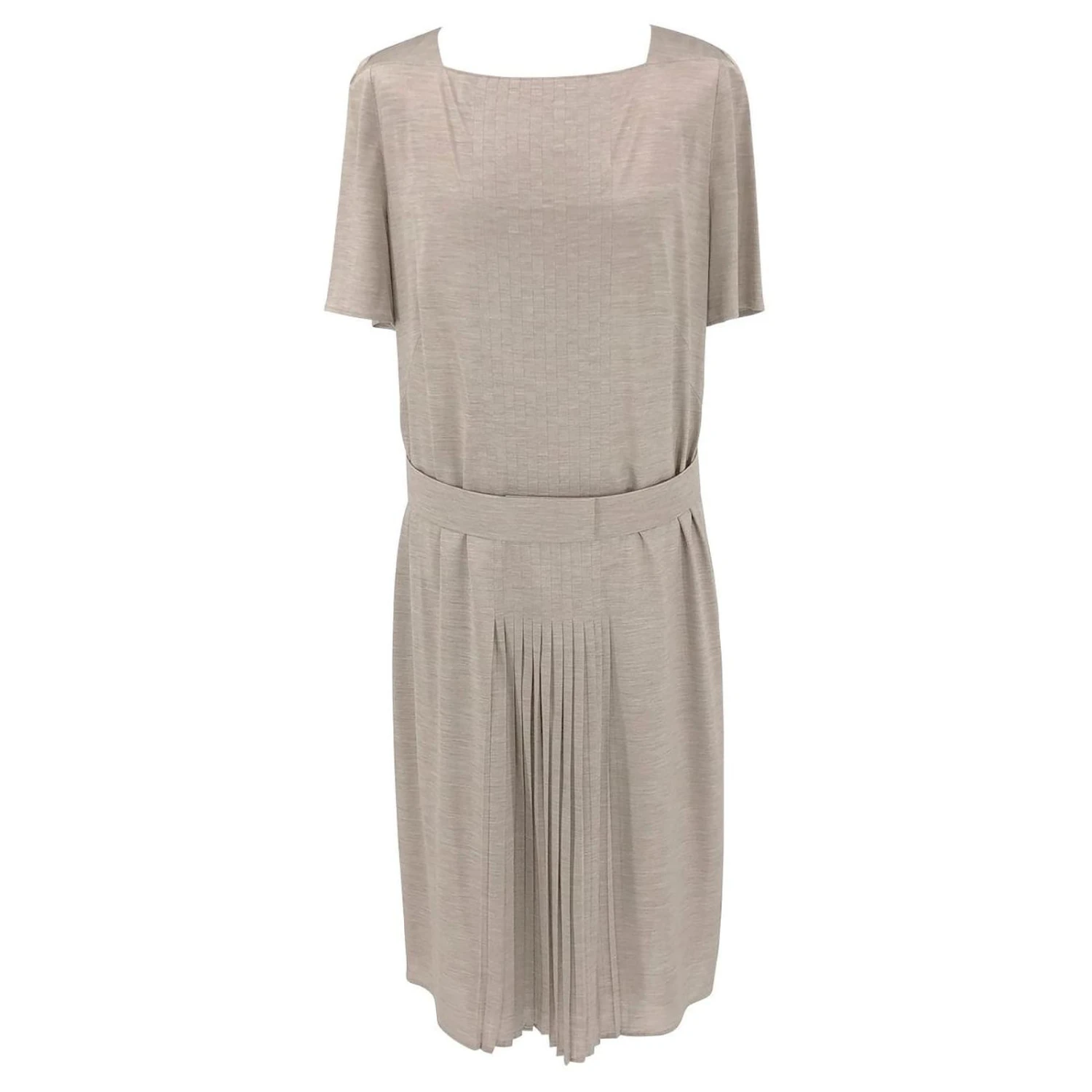 Robe De Jour Akris En Soie Tissée Beige Avec Slip Et Ceinture Blanc Écru