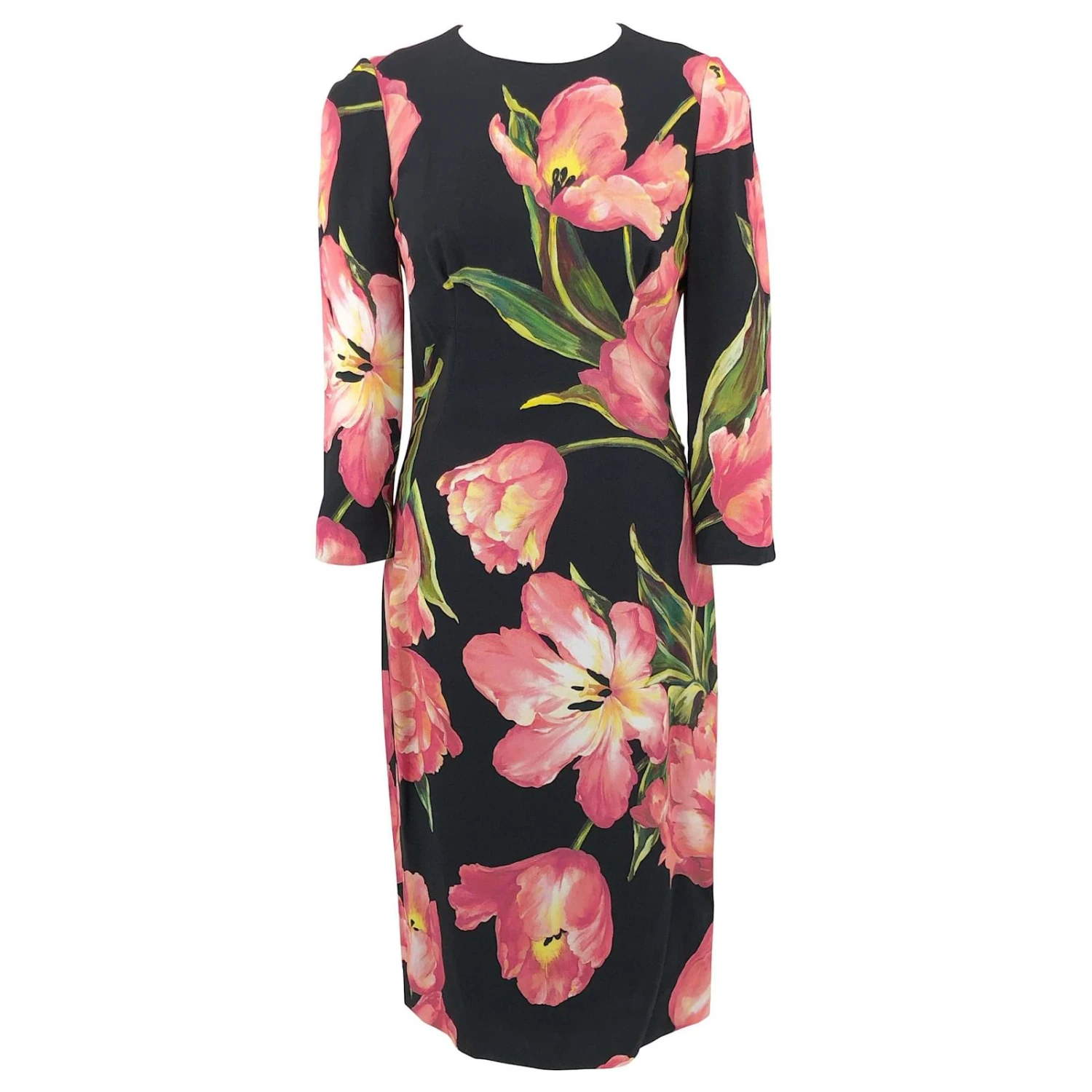 Robe Dolce & Gabbana En Imprimé Tulipe Rose Sur Fond Noir