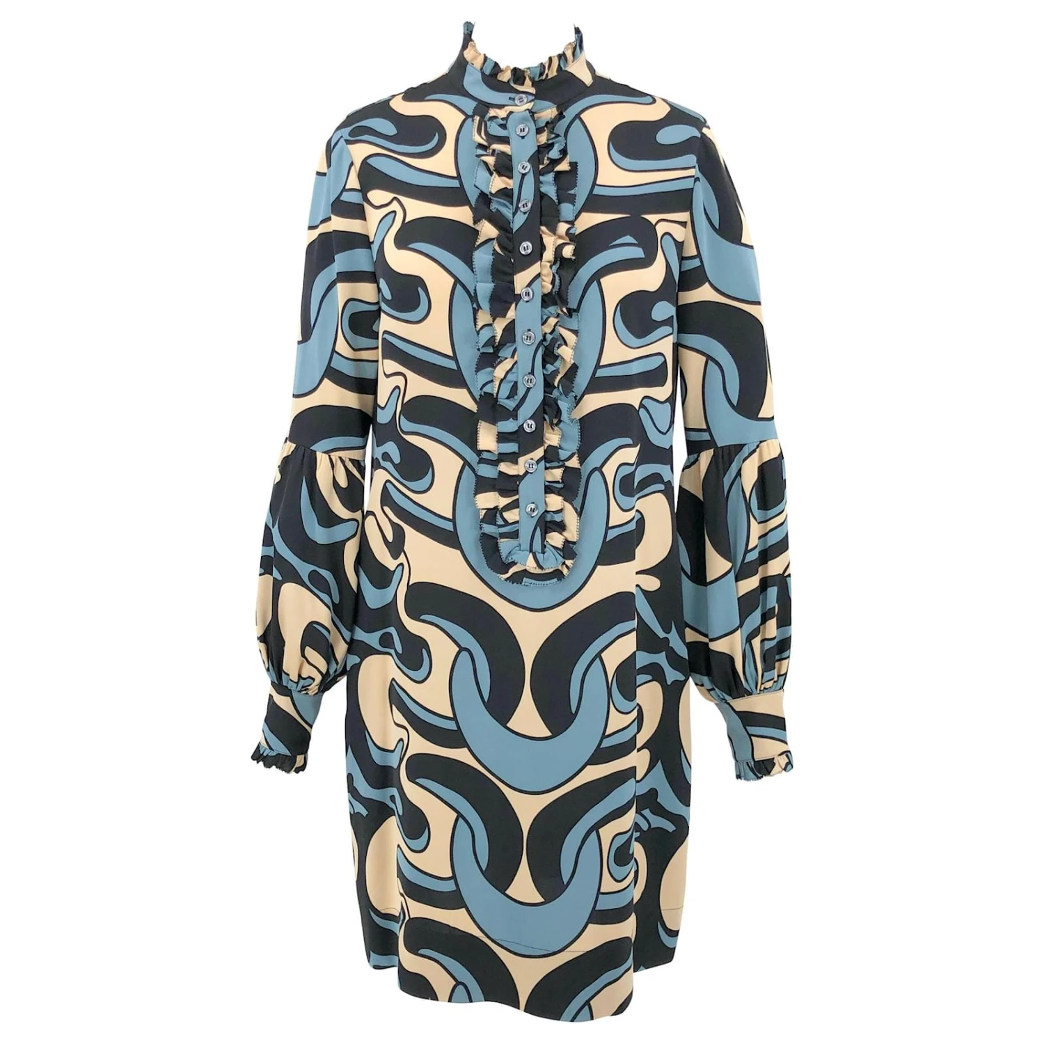 Diane Von Furstenberg Robe DVF En Bleu, Imprimé Tourbillon Noir Et Crème Sur Soie Multicolore