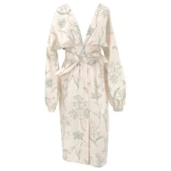 Autre Marque Robe Johanna Ortiz En Imprimé Iris Vert Sur Coton Crème Blanc Écru