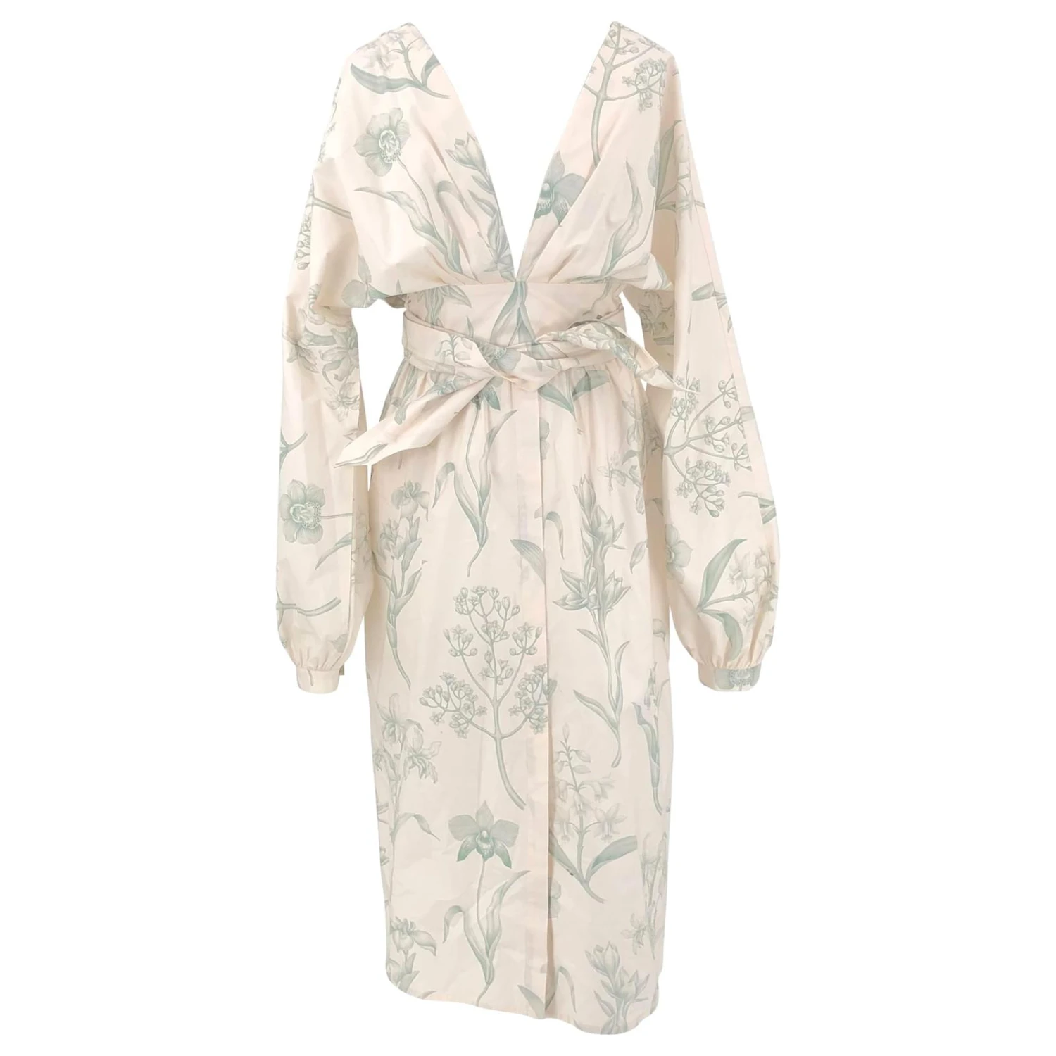 Autre Marque Robe Johanna Ortiz En Imprimé Iris Vert Sur Coton Crème Blanc Écru