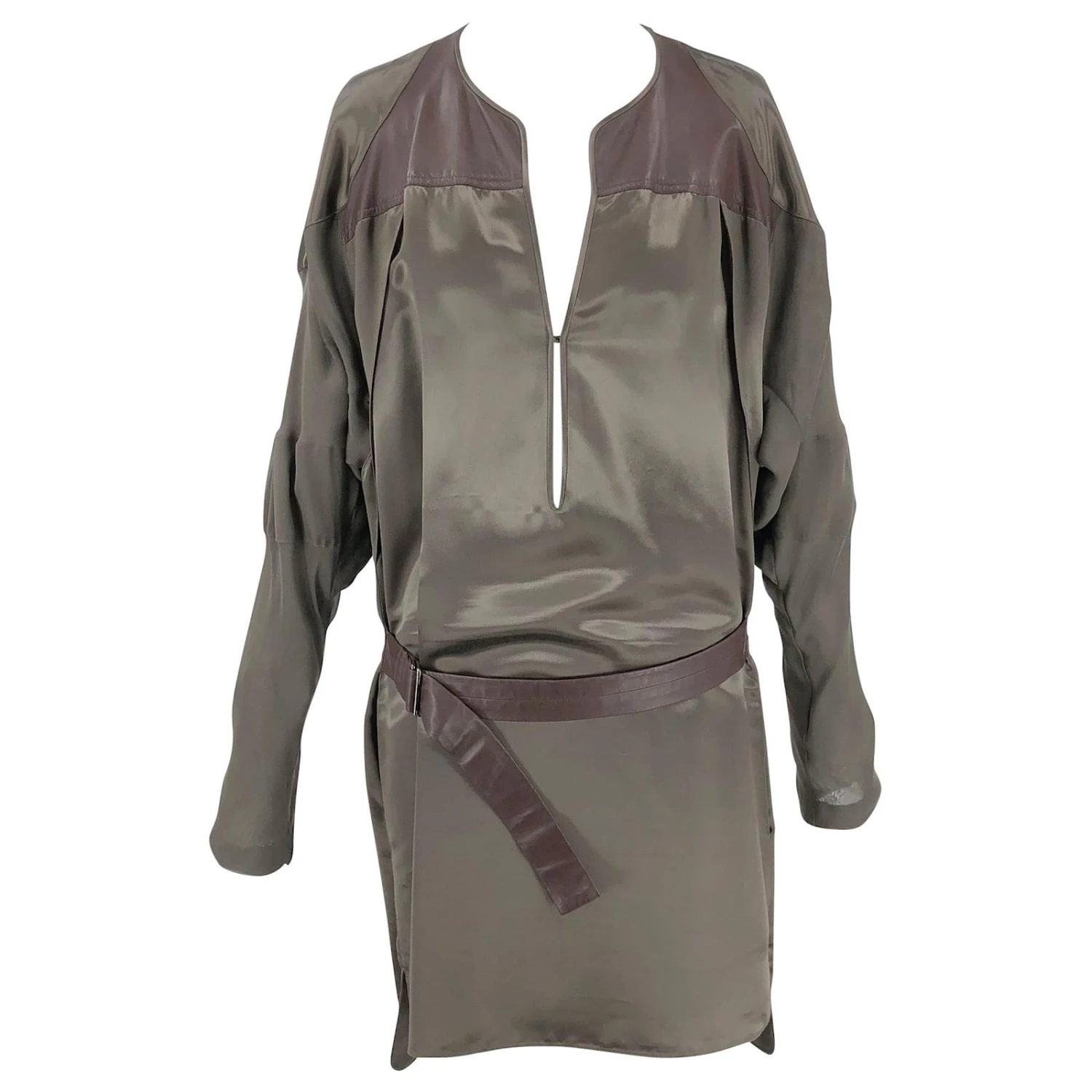 Robe Tunique Reed Krakoff En Soie Et Satin Bronze Avec Ceinture En Cuir Métallisé