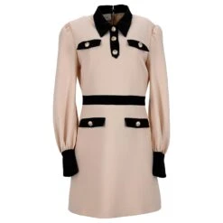 Gucci Mini Robe à Manches Longues Avec Bords Contrastés En Acrylique Crème Blanc Écru