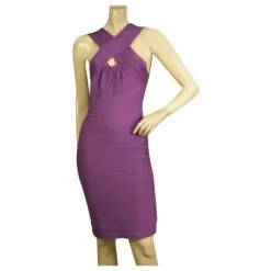 Herve Leger Purple Bandage Bodycon Sans Manches Mini Longueur Robe Taille M Violet