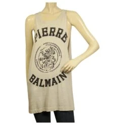 Pierre Balmain Logo Gris Coton Sans Manches Débardeur Long Top Ou Mini Robe Sz XS Gris Anthracite