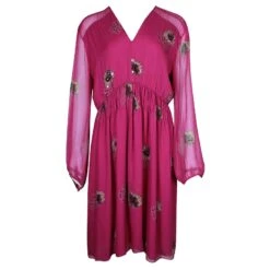 Rebecca Taylor Robe à Manches Longues Fuchsia Foncé Avec Broderie Pailletée Rose