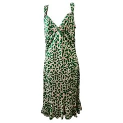 Diane Von Furstenberg Robe Cathy Vintage DvF En Jersey De Soie, Motif De Fleurs En Mosaïque Blanc Vert