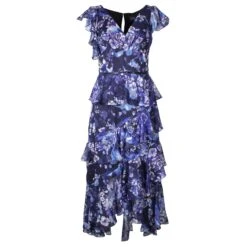 Autre Marque Robe Longue Bleue à Fleurs Et à Volants