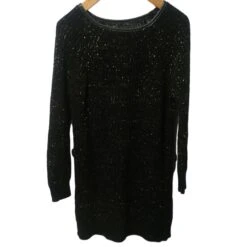 Autre Marque Robe Pull En Laine Avec Ganse Cuir Noir