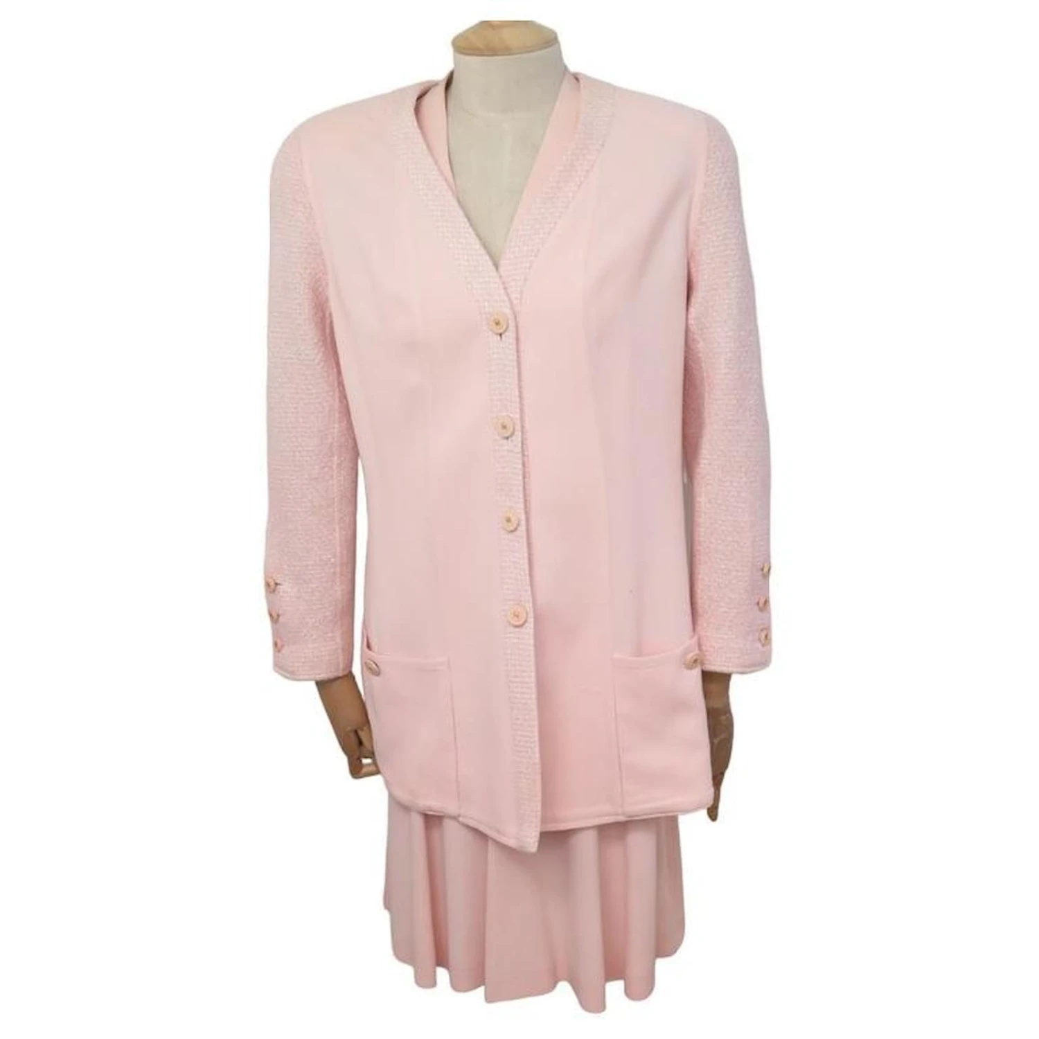 VESTE TAILLEUR + ROBE CHANEL T40 M EN TWEED ROSE PINK JACKET DRESS SUIT