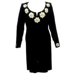 VINTAGE ROBE CHANEL EDELWEISS FLEURS MANCHES LONGUES 40 M VELOURS DRESS Noir